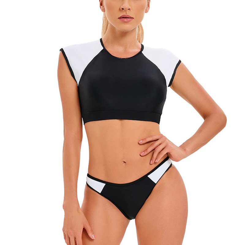 Colorblock Bikini Woman Sports Swimsuit Short Sleeves Swimwear Contrast  Binding Biquinis Scoop Neck Bathing Suits – Littlyart